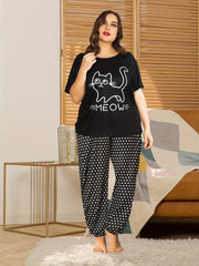  Cat Print Short Sleeve T-shirt & Dot Print Pants Pajama Set