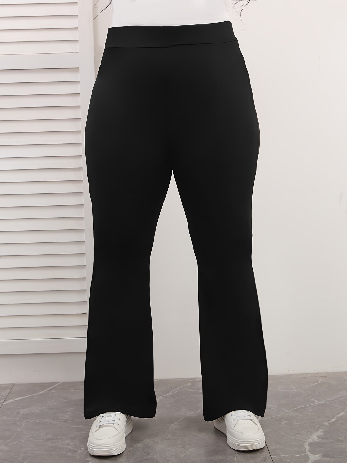  High Rise Flared Leg Pants Women's Plus Solid Slight Stretch Pants