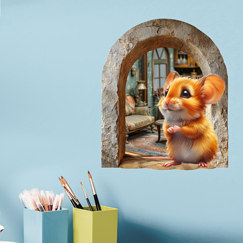 Whimsical 3D Mouse Hole Wall Decal with Red Coated Rat