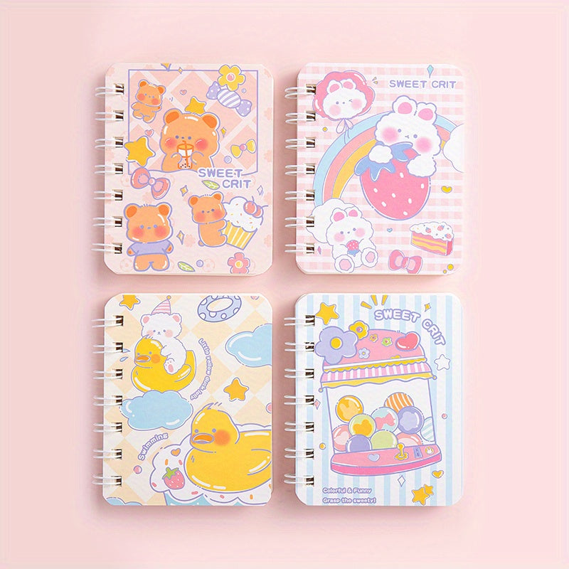 4pcs Cartoon Coil Mini Notebook Set, 320 Sheets A7 Student Portable Book
