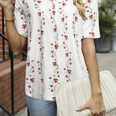  Floral Print Button Up Short Sleeve V Neck Blouse