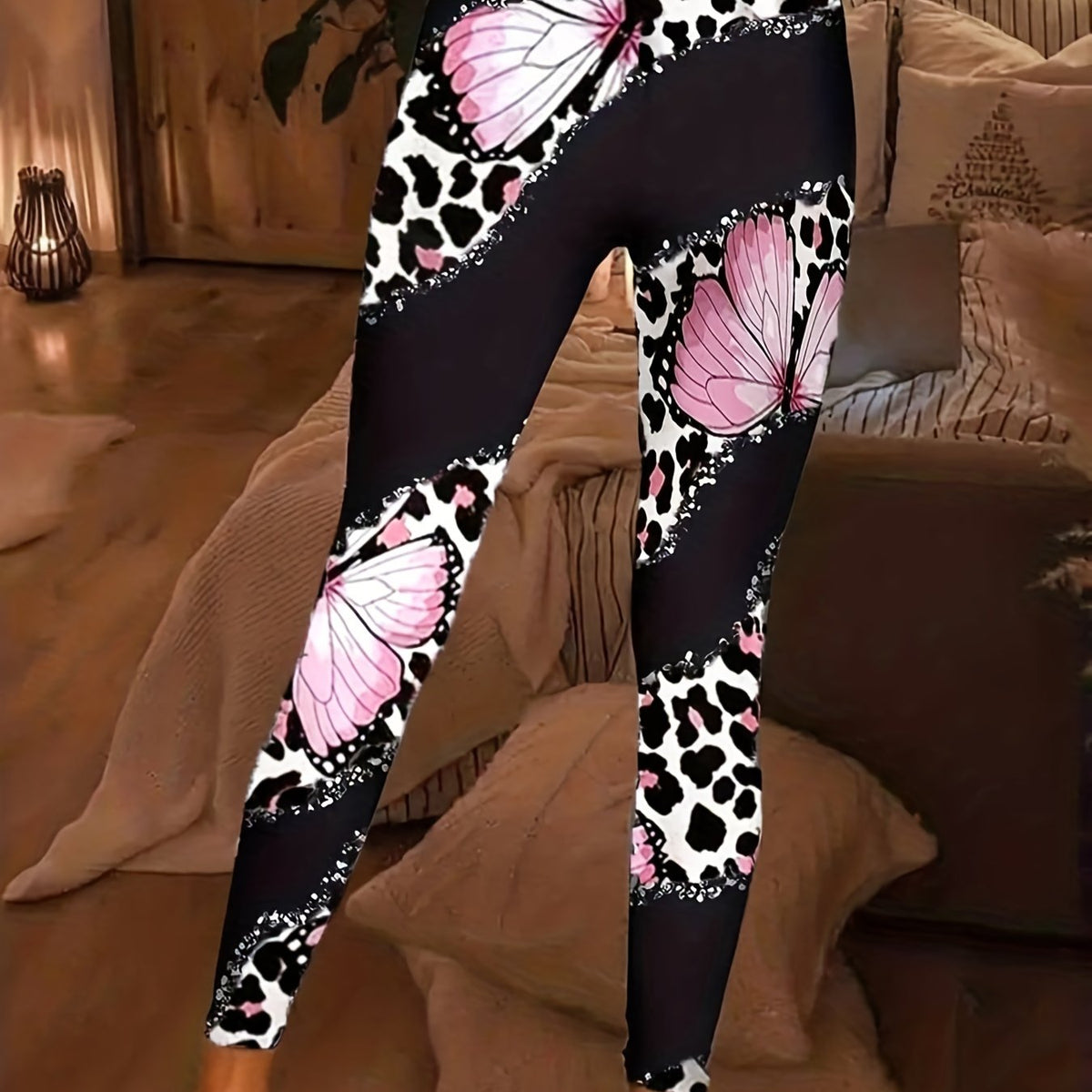 Butterfly & Leopard Print Skinny Leggings High Waist Stretchy Leggings