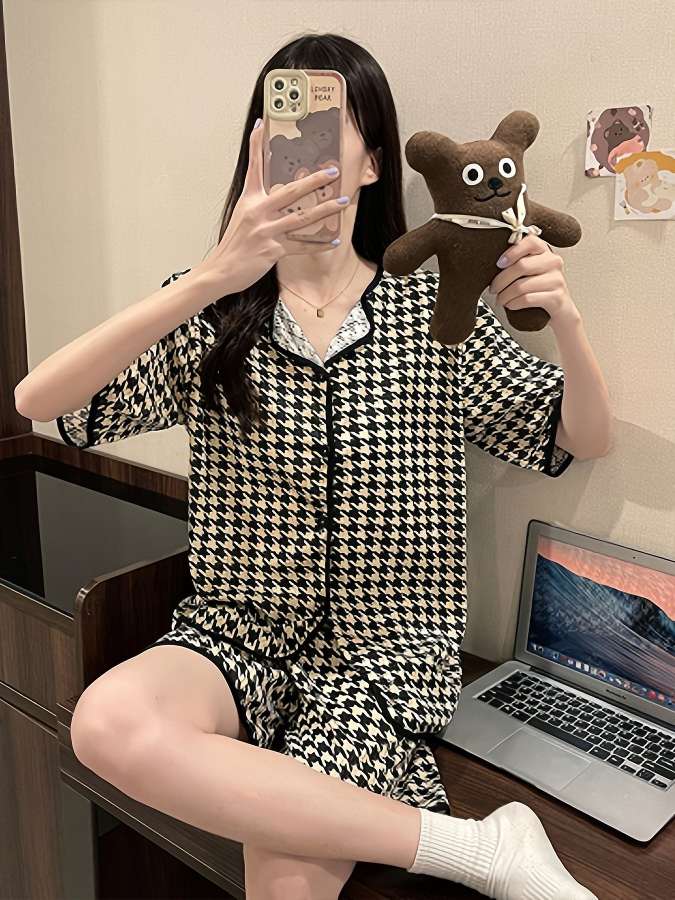 Summer Casual Print Pajamas Short Sleeve Top And Shorts Pajama Set