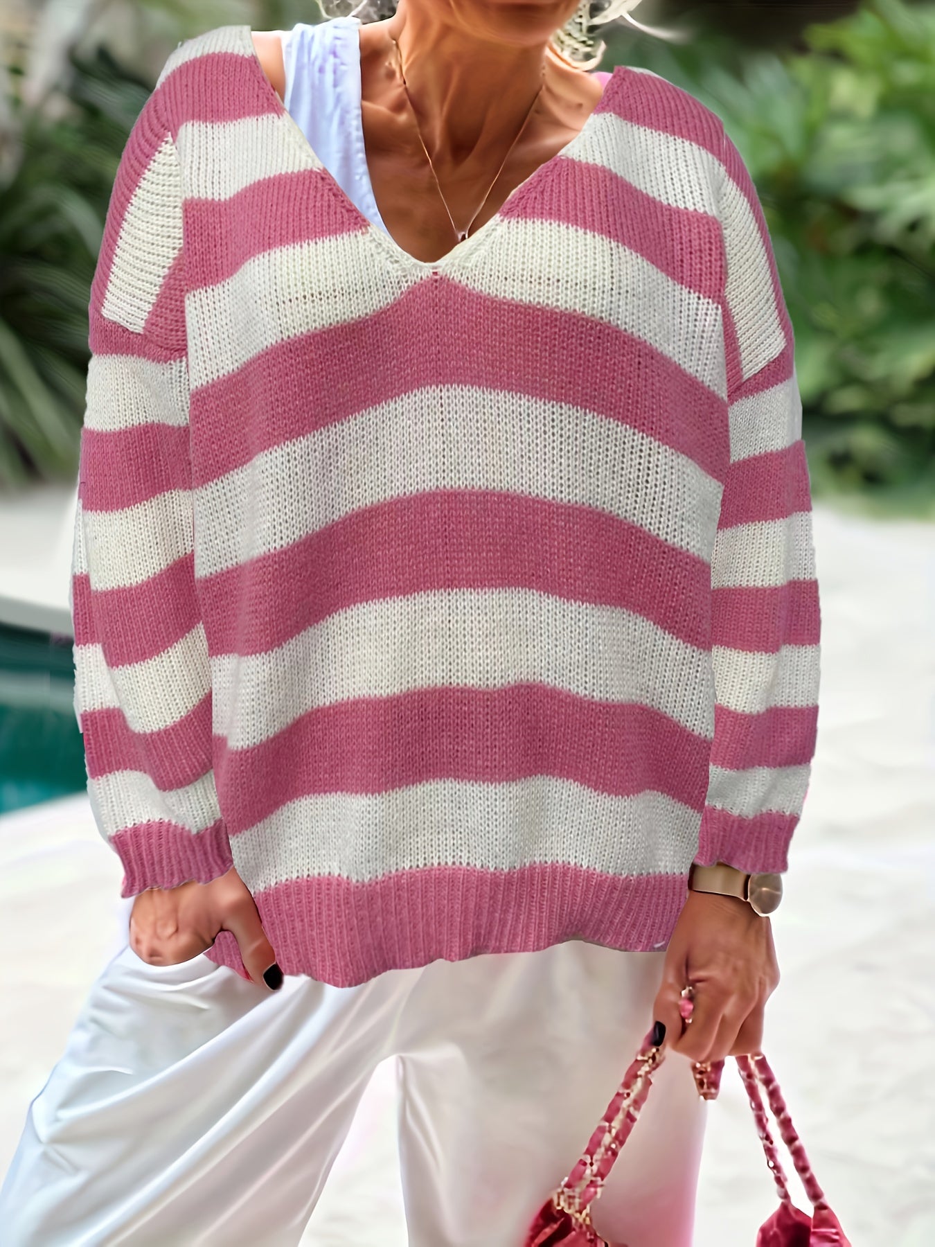  Colorblock Stripe Print V Neck Jumper