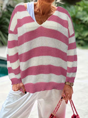  Colorblock Stripe Print V Neck Jumper