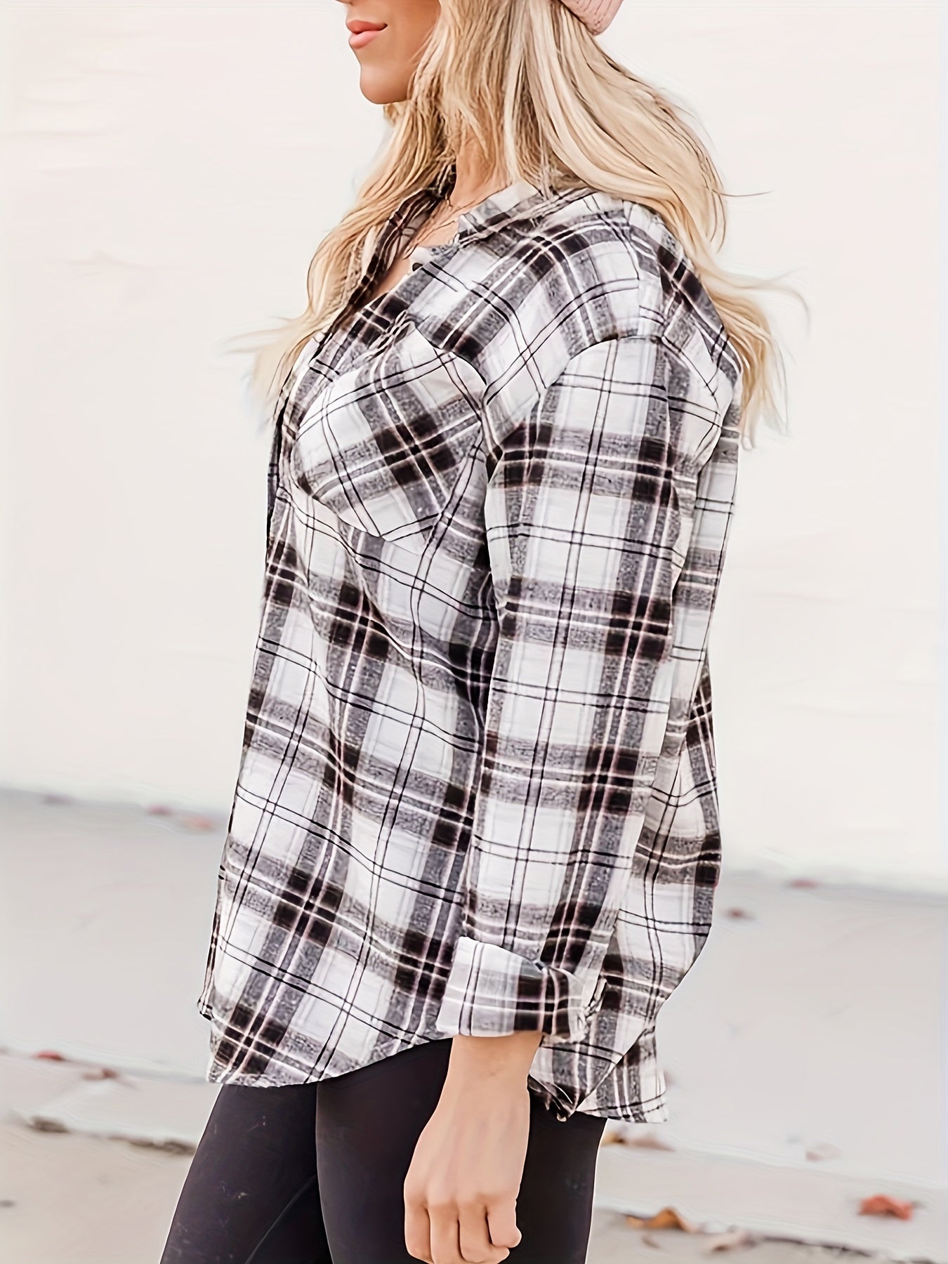  Plaid Print Long Sleeve Blouse