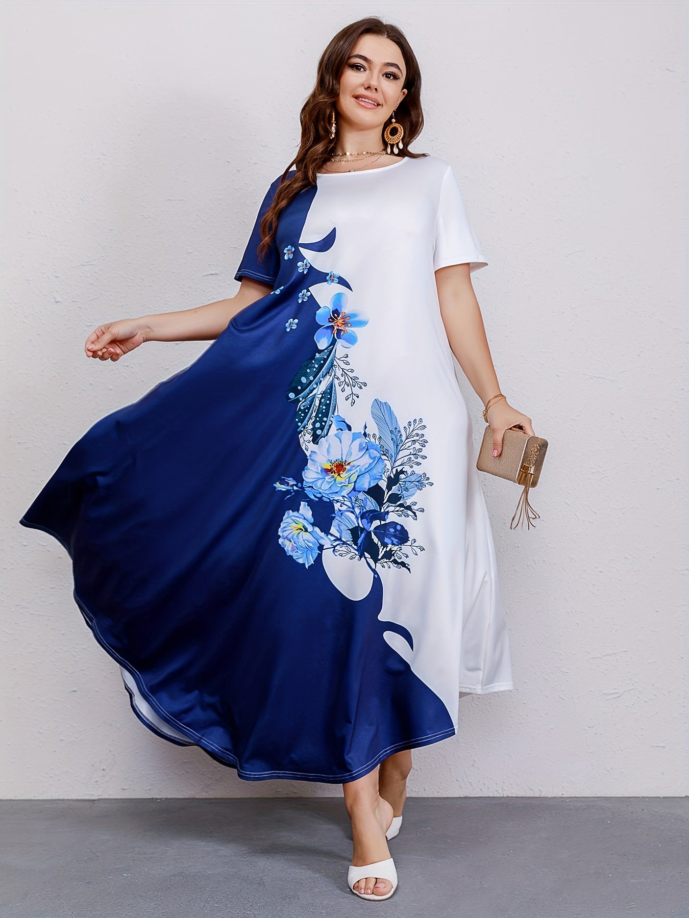  Colorblock Floral Print Maxi Dress