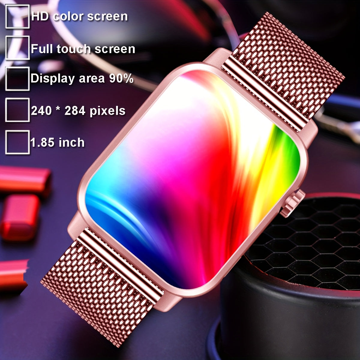 HD Sports Smartwatch 1.85 inch Pink Steel Band LED Flashlight Wireless Calling