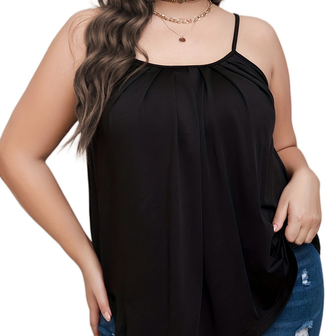  Casual Cami Top Women's Plus Plain Ruched Round Neck Medium Stretch