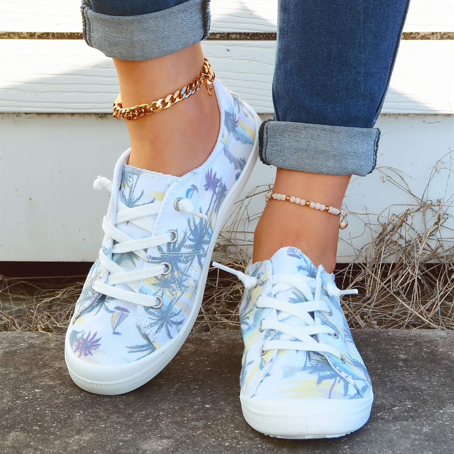 Coconut Tree Printed Canvas Lace Up Sneakers Lightweight Walking Shoes