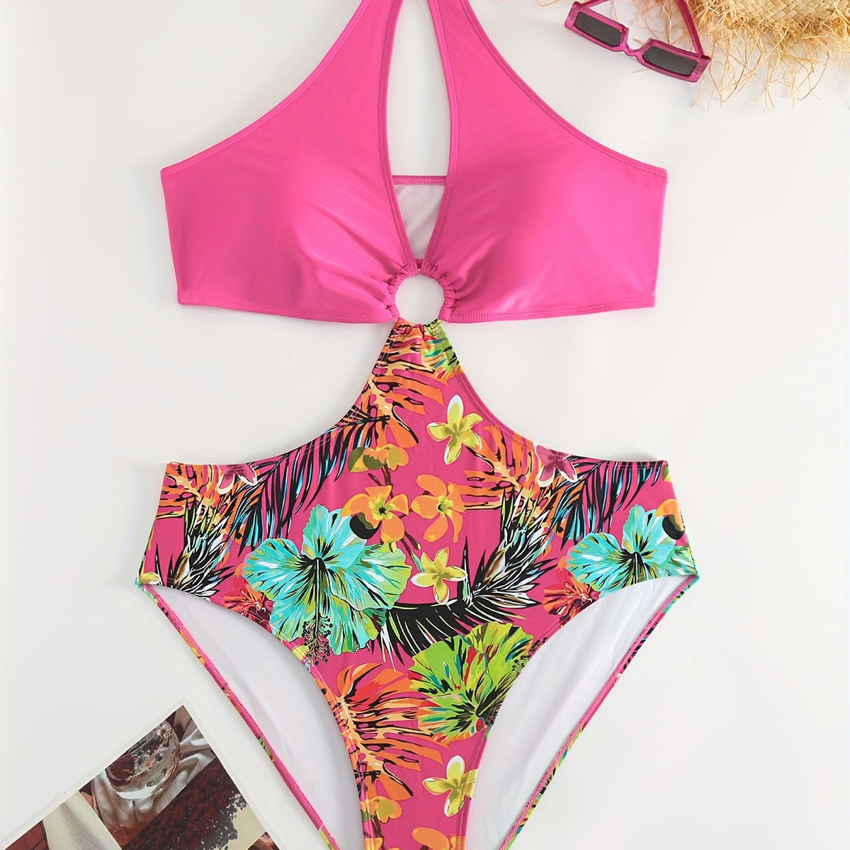  Tropical Print Cut Out Halter One Piece Swimsuit