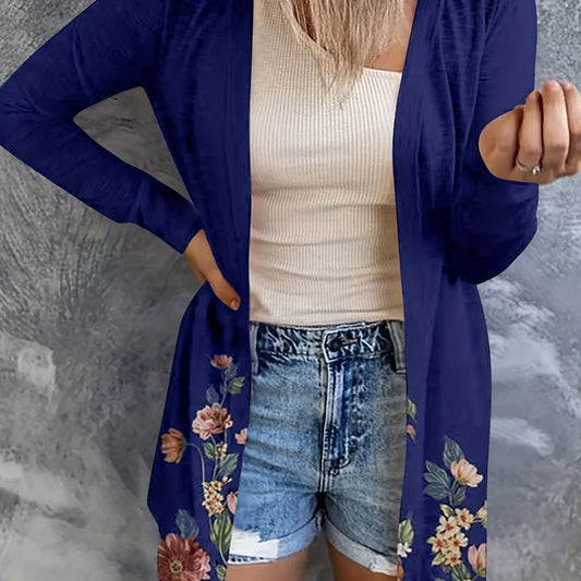 Women's Plus Floral Print Long Sleeve Open Front Cardigan