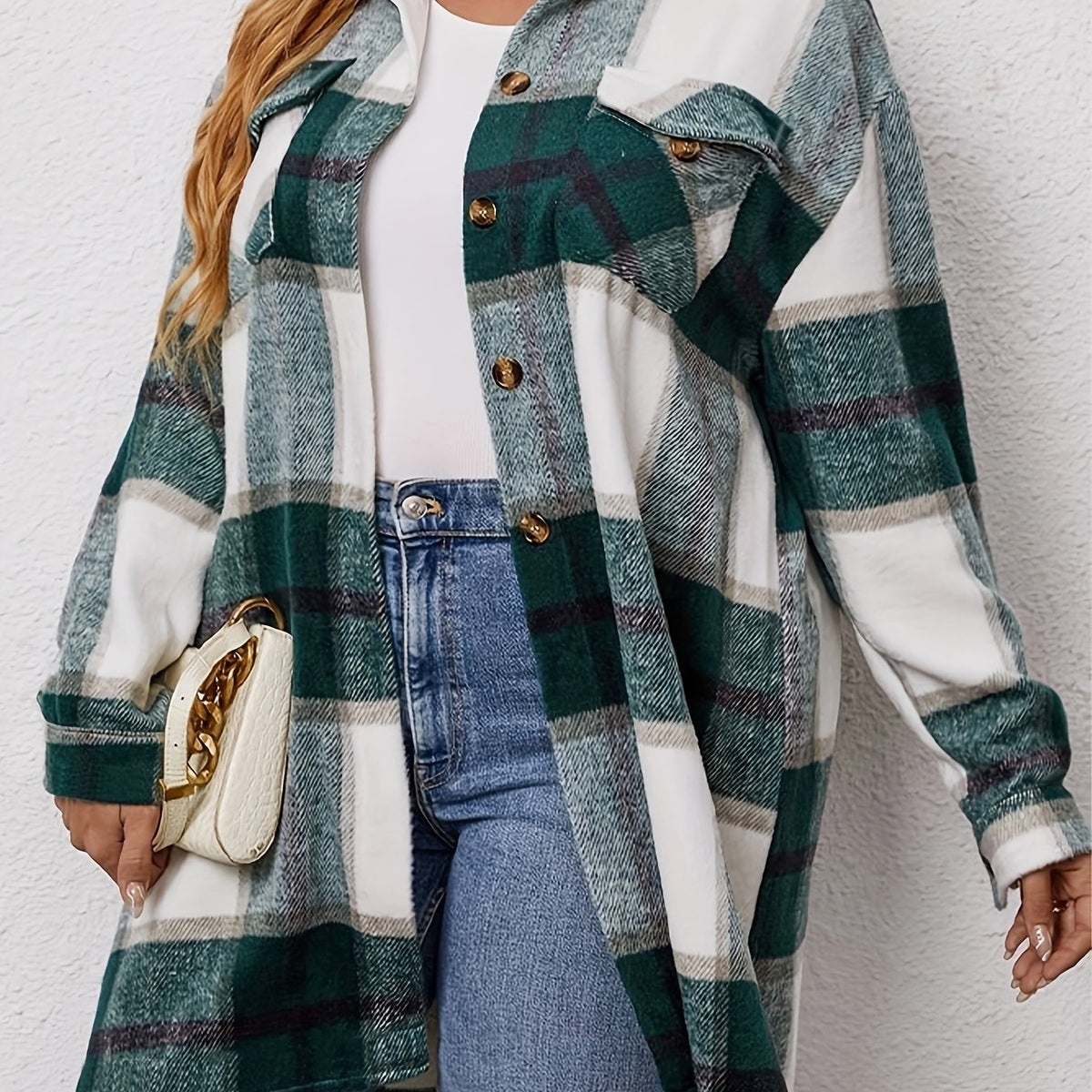  Plaid Print Long Sleeve Tunic Shirt Top