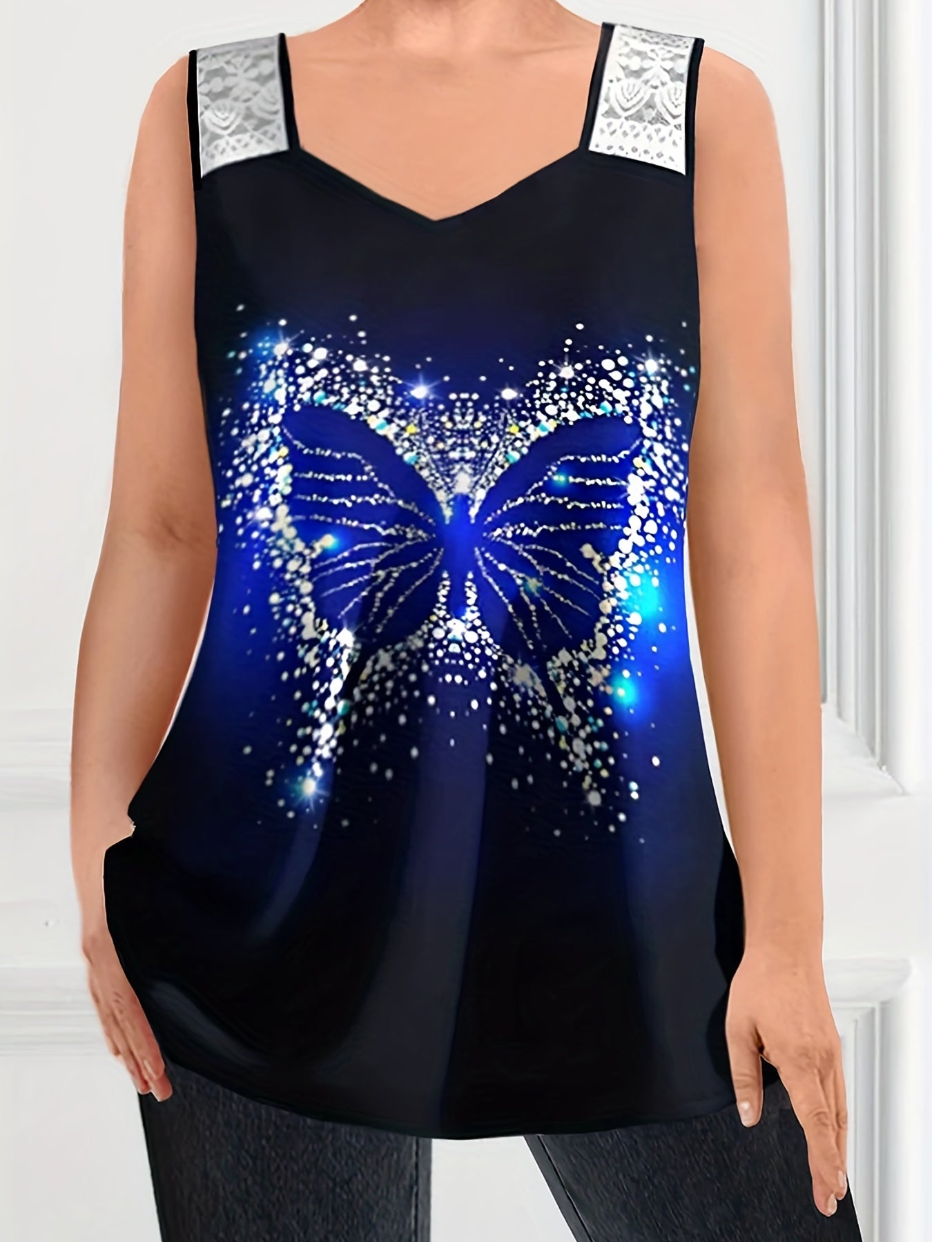  Glitter Butterfly Print Lace Strap Tank Top
