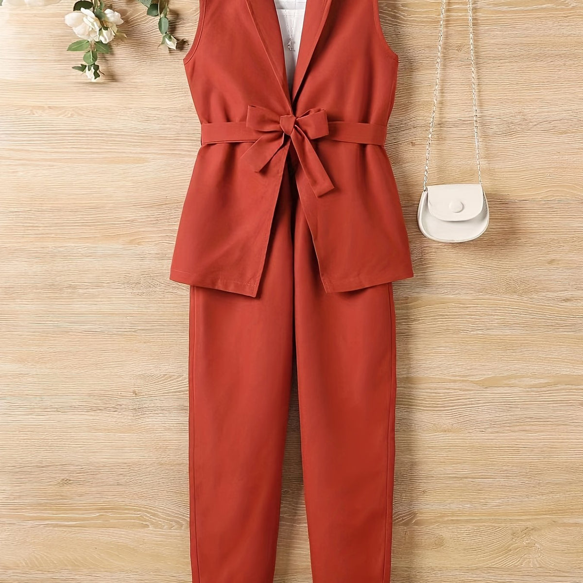 Girls 2pcs Vest With Belt & Elastic Waist Pants Set Solid Sleeveless Blazer