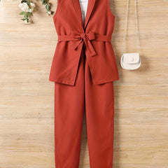 Girls 2pcs Vest With Belt & Elastic Waist Pants Set Solid Sleeveless Blazer