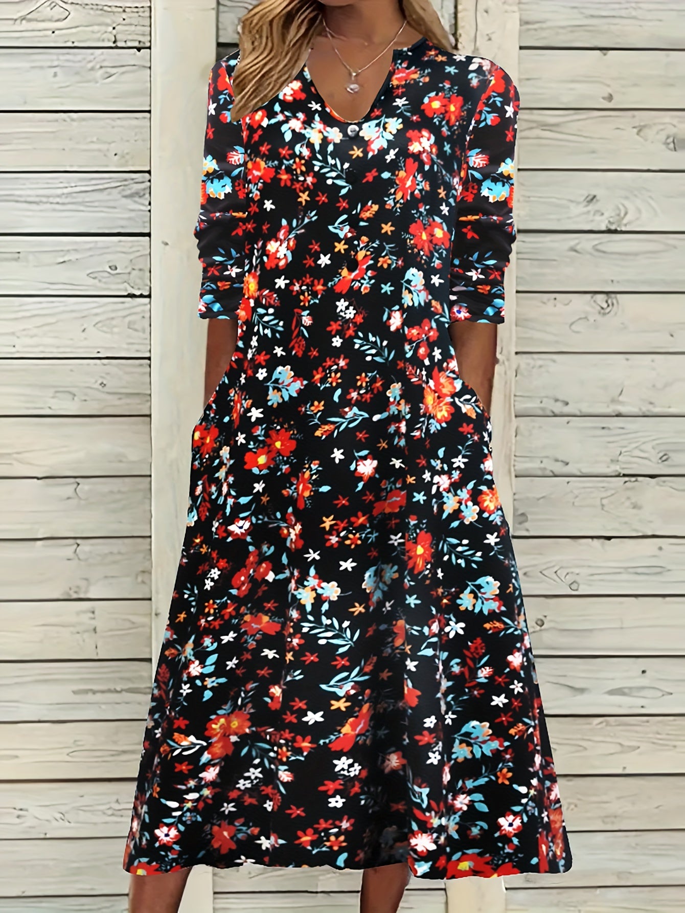Floral Print Long Sleeve Notched Neck Plus Size Casual Dress