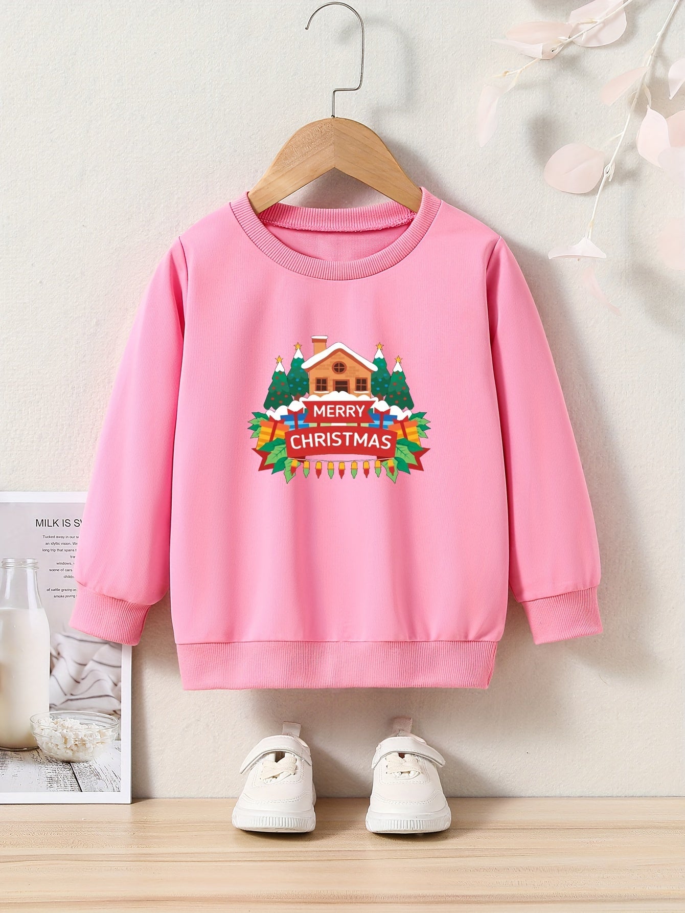 Christmas House & Tree Print Girls Sweatshirt Long Sleeve Crew Neck Top