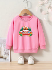 Christmas House & Tree Print Girls Sweatshirt Long Sleeve Crew Neck Top