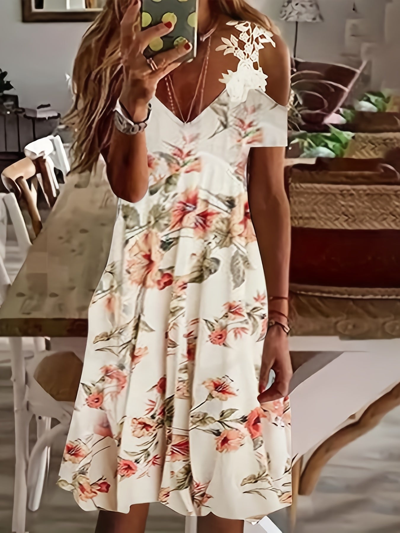  Women's Floral Cold Shoulder V Neck Midi Dress