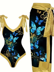 Butterfly Print 2 Piece Swimsuit & Wrap Cover Up Skirt