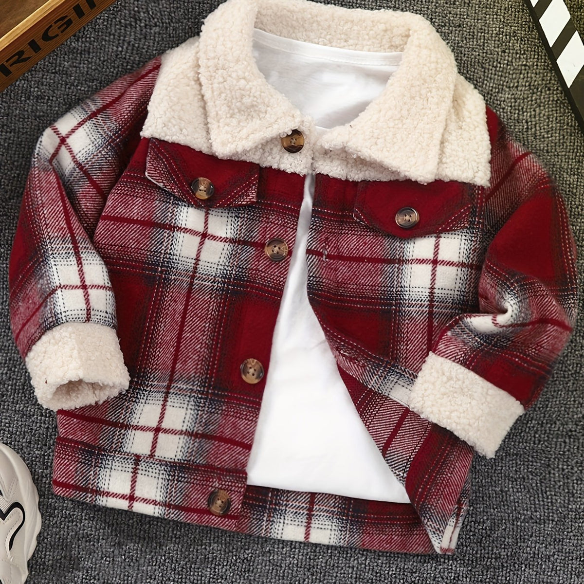 Boys Plaid Long Sleeve Fleece Jacket Zip Up Stand Collar Spring Fall