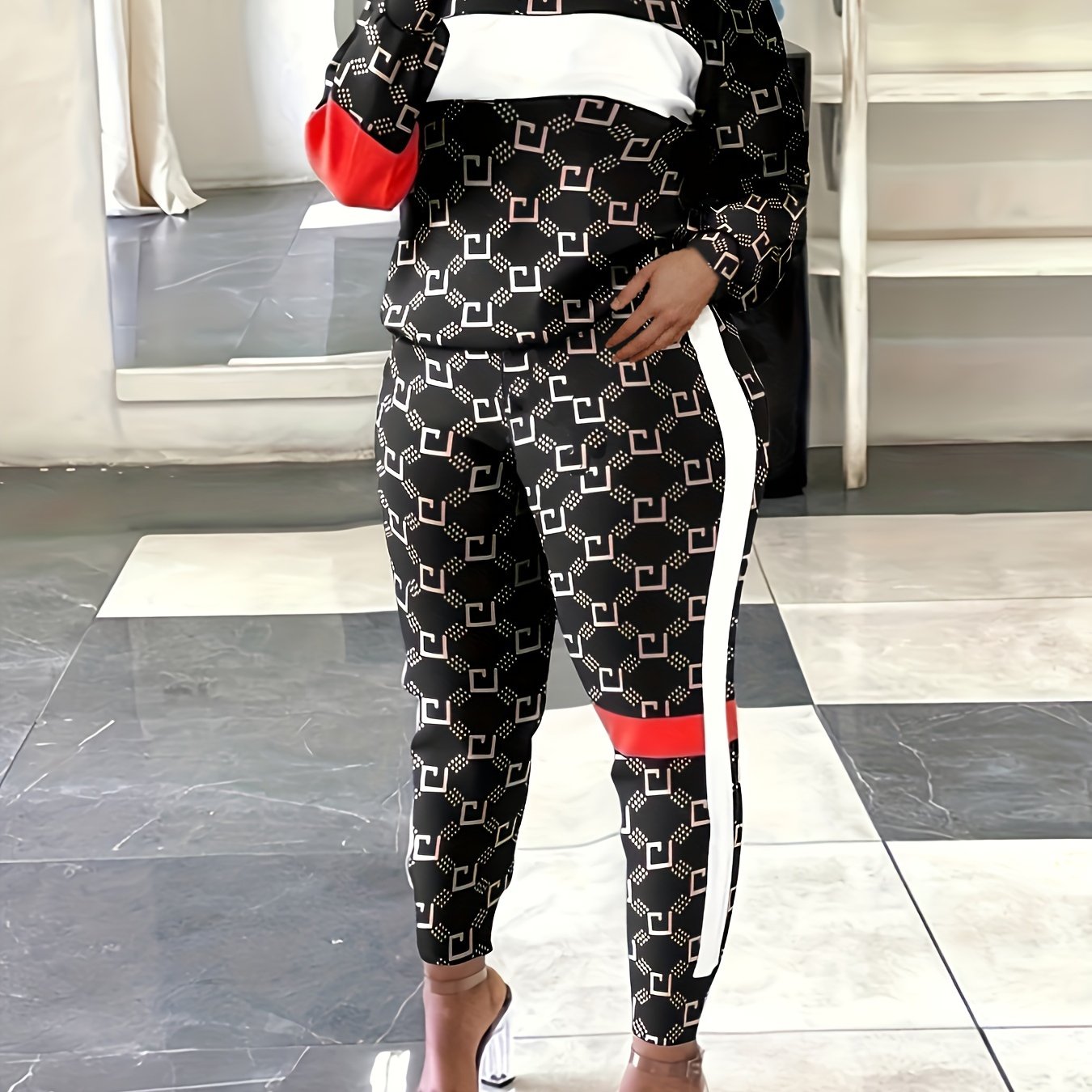  Colorblock Geometric Print Top & Pants Set