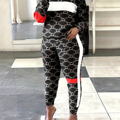  Colorblock Geometric Print Top & Pants Set