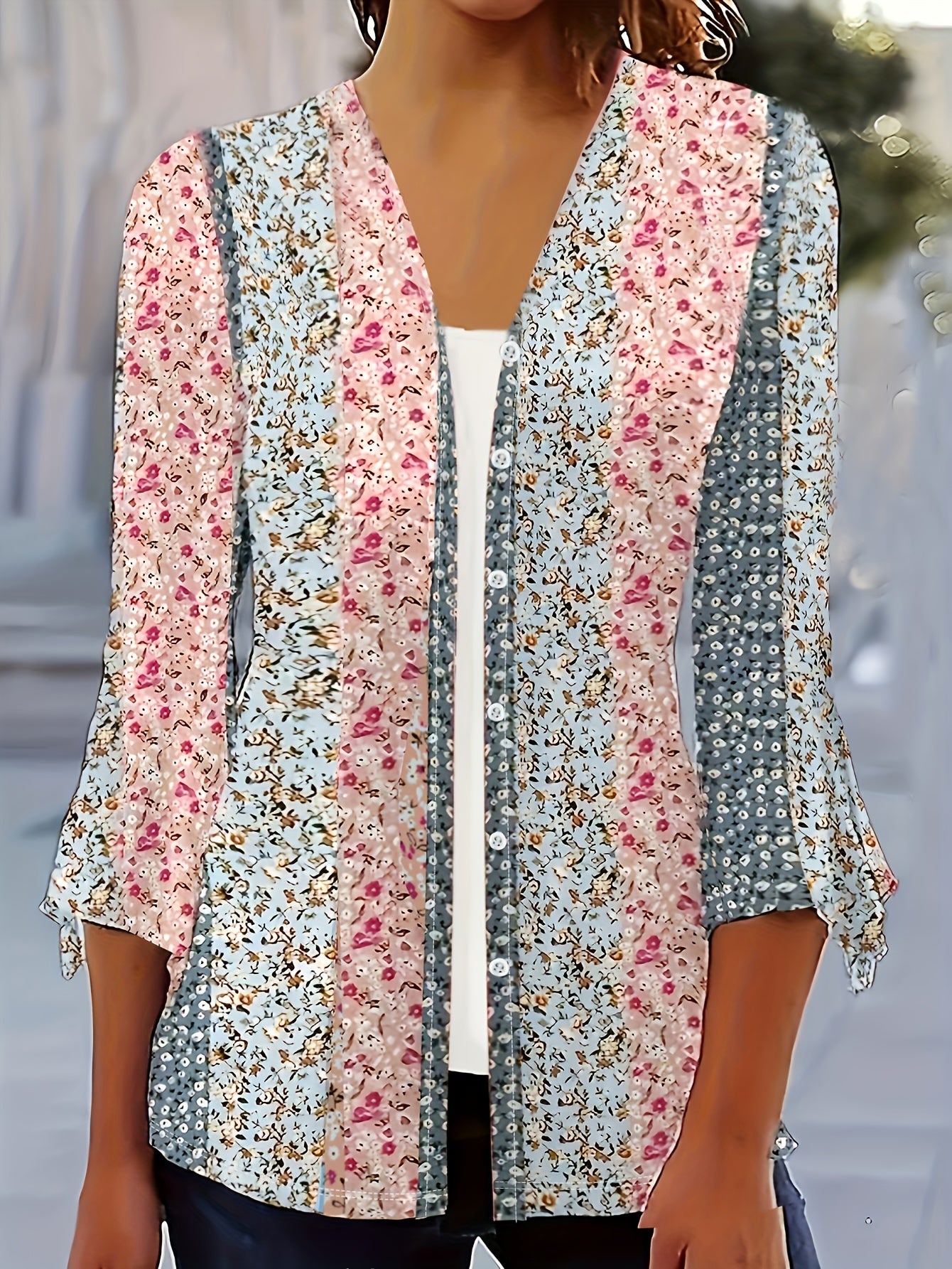  Boho Cardigan Colorblock Floral Print