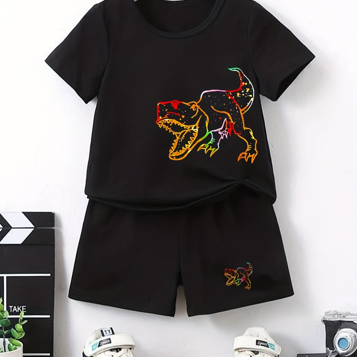 Boys Dinosaur Graphic Casual Outfit Round Neck T shirt & Shorts
