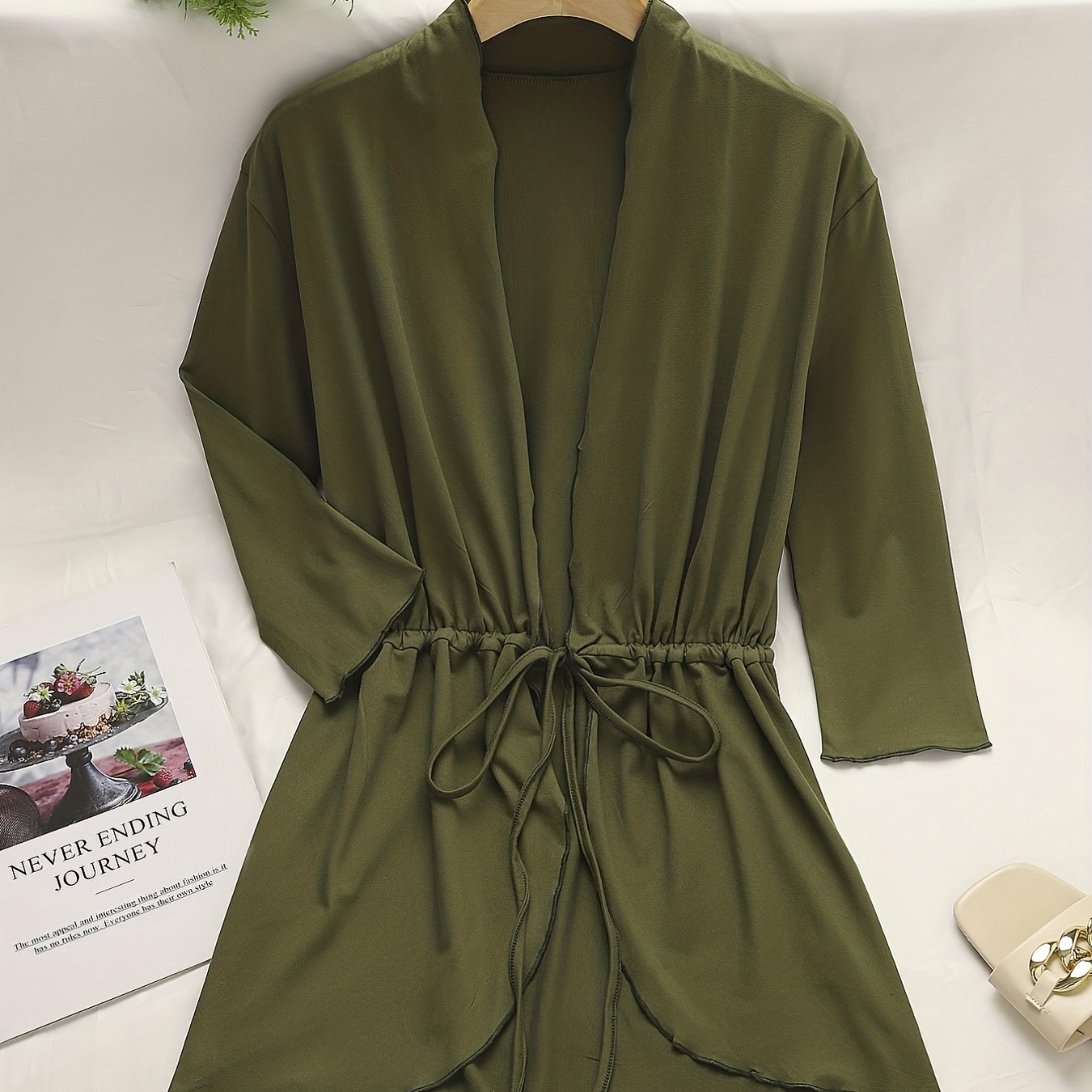  Solid Long Sleeve Open Front Drawstring Cardigan