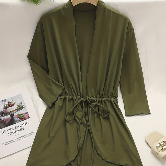 Solid Long Sleeve Open Front Drawstring Cardigan