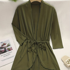  Solid Long Sleeve Open Front Drawstring Cardigan