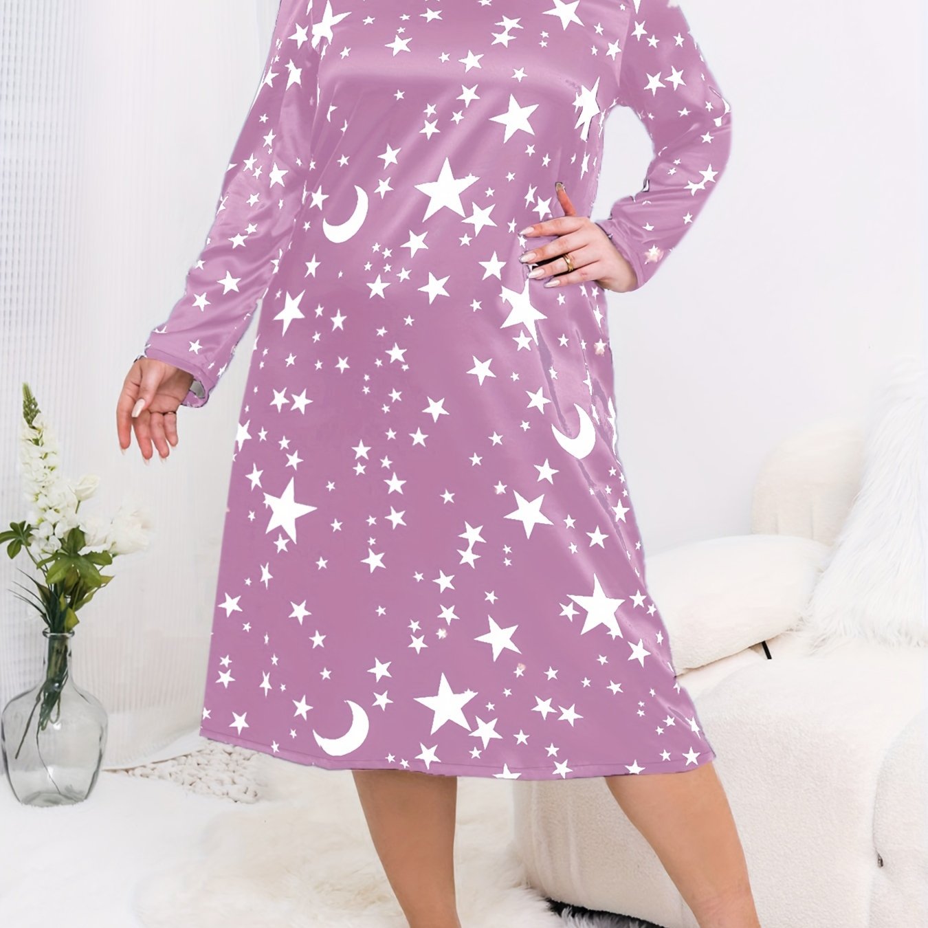  Star & Moon Print Long Sleeve Nightdress