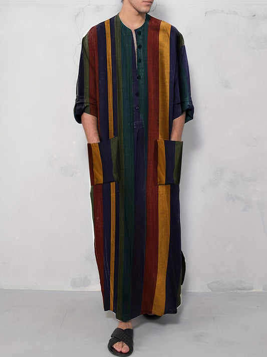 INCERUN Men's Striped Kaftan Robe Islamic Style Jubba Thobe