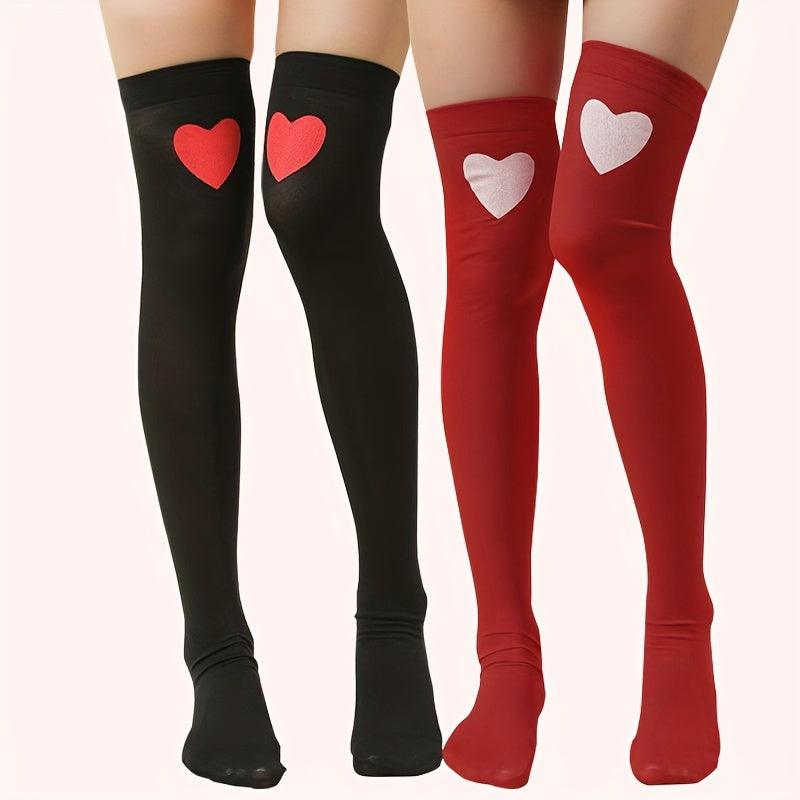 2 Pairs Heart Print Thigh High Socks Over The Knee Stockings