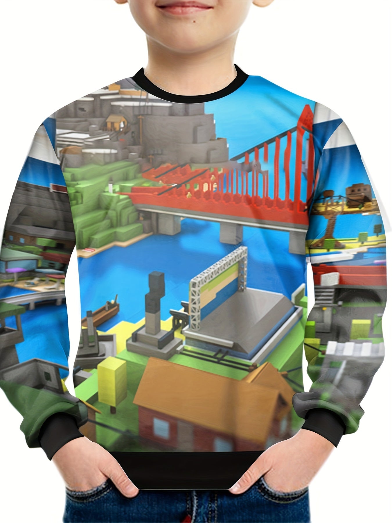 Toy Bricks Print Boy's Sweatshirt Unisex Pullover Long Sleeve Top