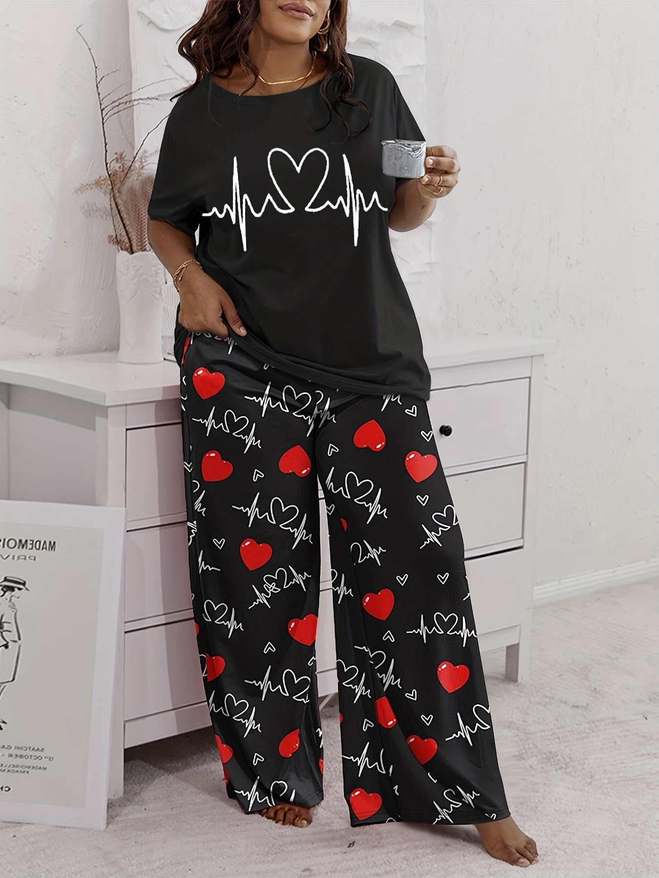  Heart Graphic Tee & Wide Leg Pants Pajamas Set