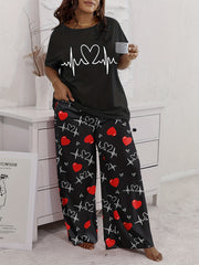  Heart Graphic Tee & Wide Leg Pants Pajamas Set