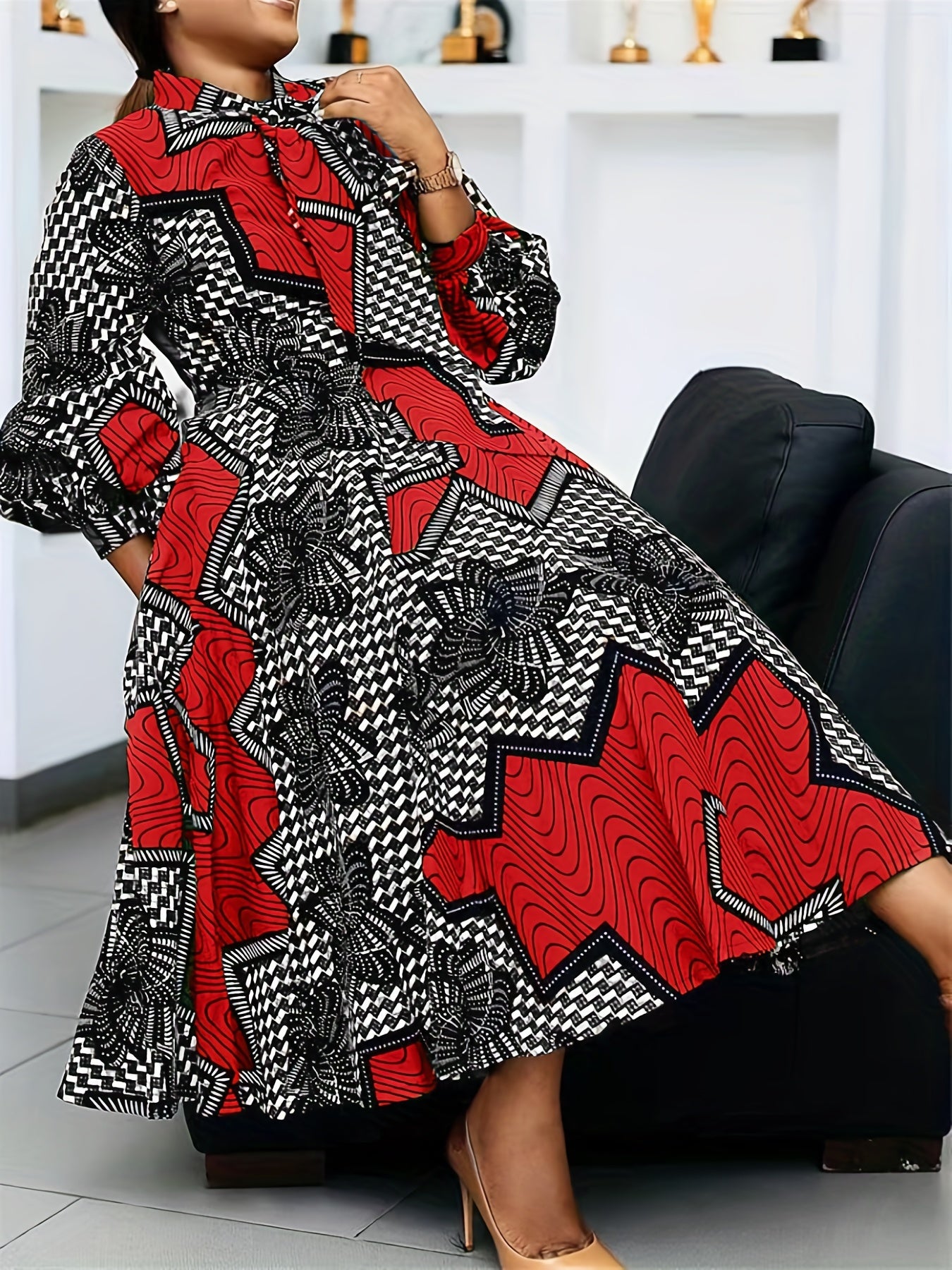  Colorblock Geometric Print Lantern Sleeve Midi Dress
