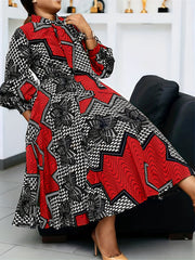  Colorblock Geometric Print Lantern Sleeve Midi Dress