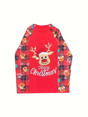 Christmas Elk Print Pajama Set Long Sleeve Top & Plaid Pants Women's Sleepwear