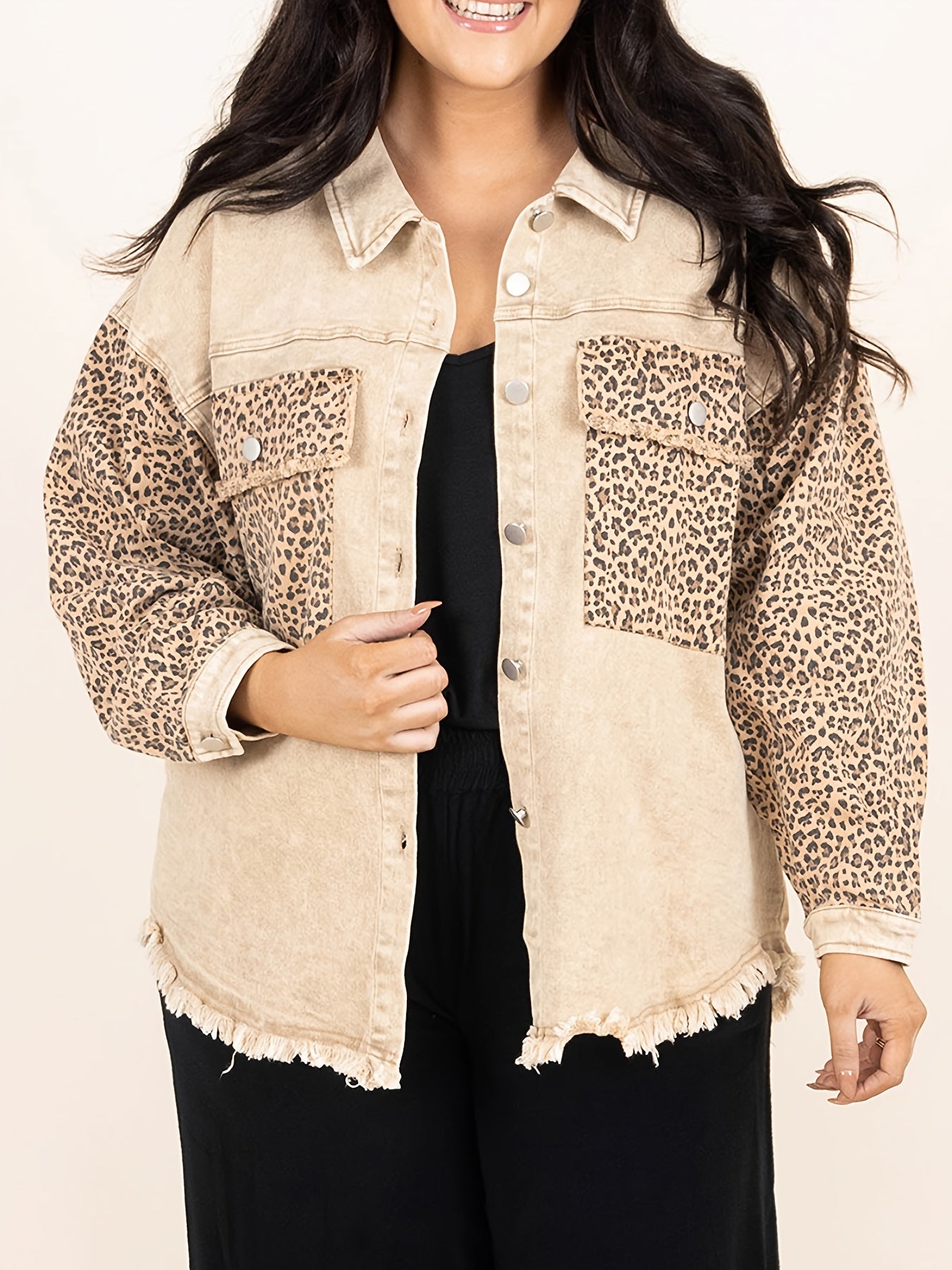  Colorblock Leopard Print Denim Jacket