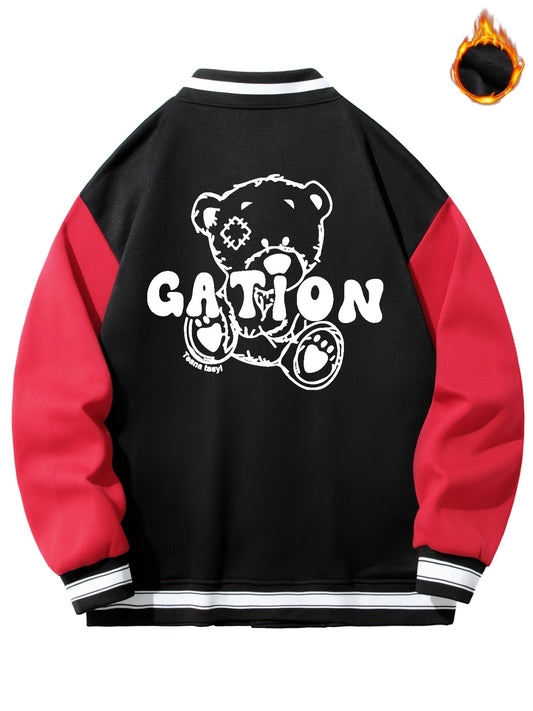 Men's Casual Warm Baseball Jacket With Back Bear Graphic Print