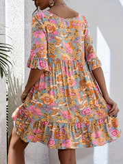  Floral Print V-Neck Mini Smock Dress