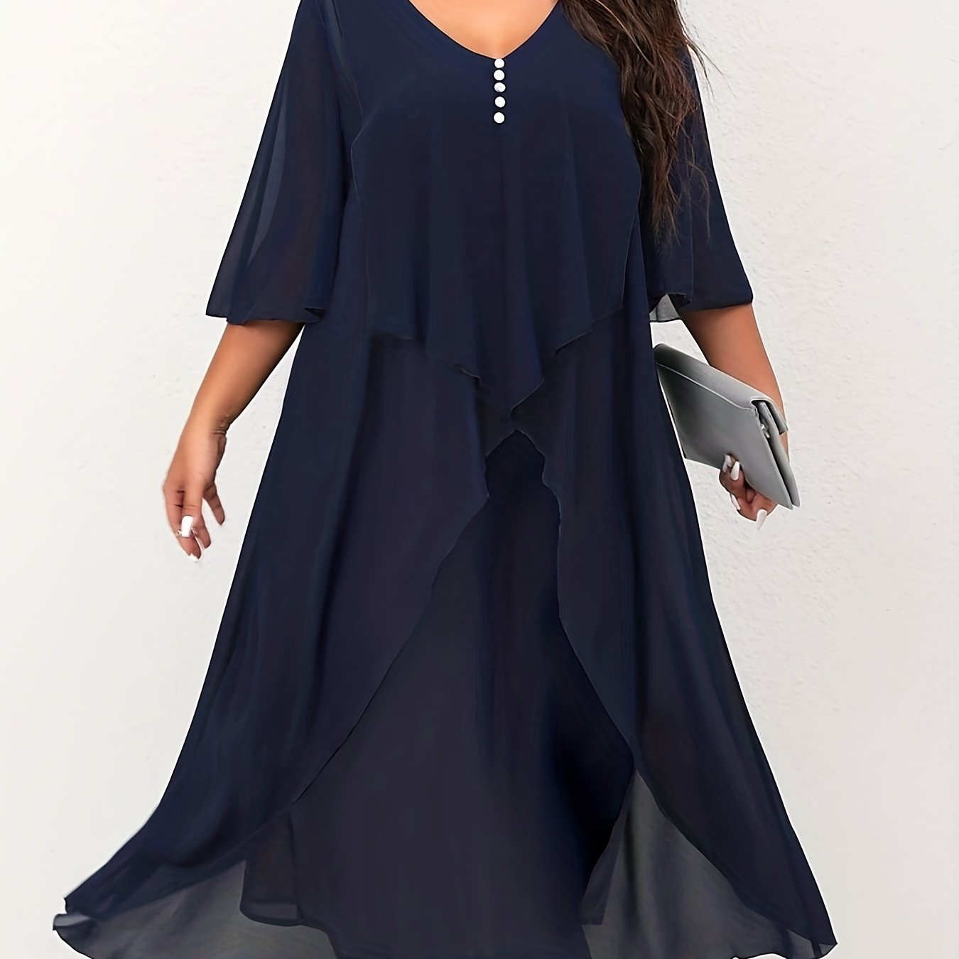  Button Decor Layered Half Sleeve Cloak Event Dress