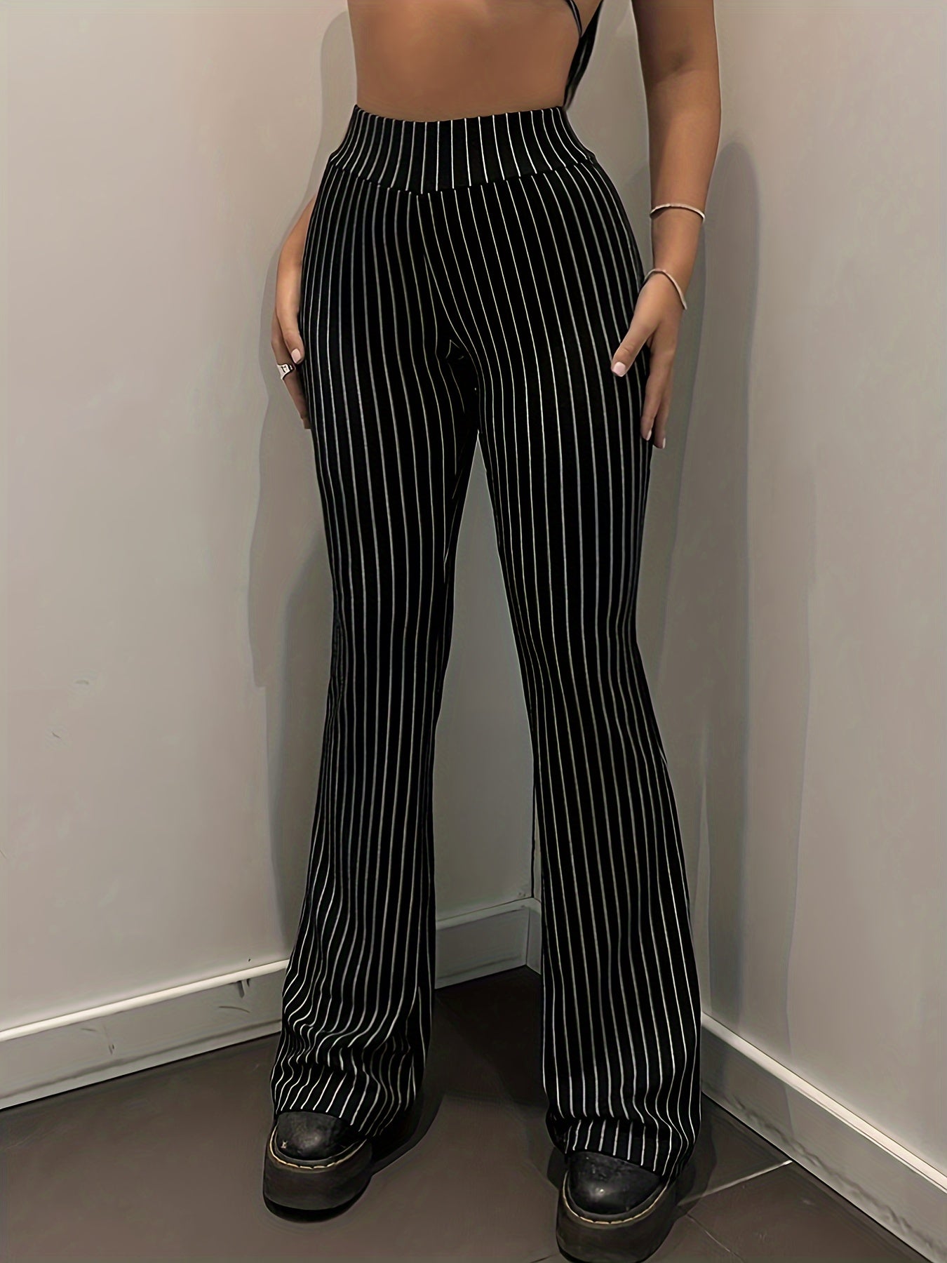 Stripe Print High Rise Flared Leg Trousers