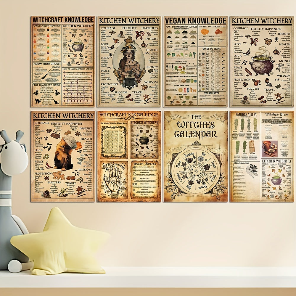 Fantasy Retro Style Witch Cooking Poster Set of 8, A5 Size