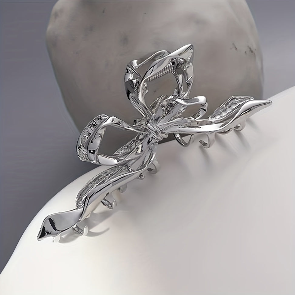 Silvery Ribbon Bow Hair Claw Clip Nonslip Ponytail Holder Hair Shark Claw Women