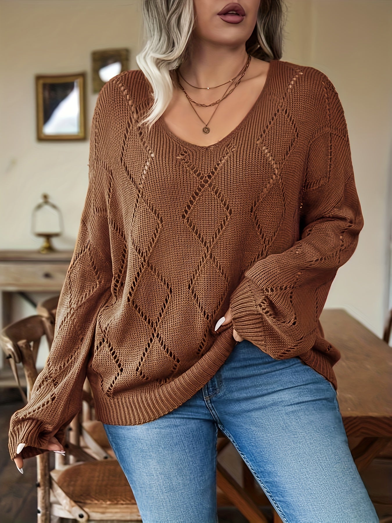  Solid Argyle Pattern Knit Top